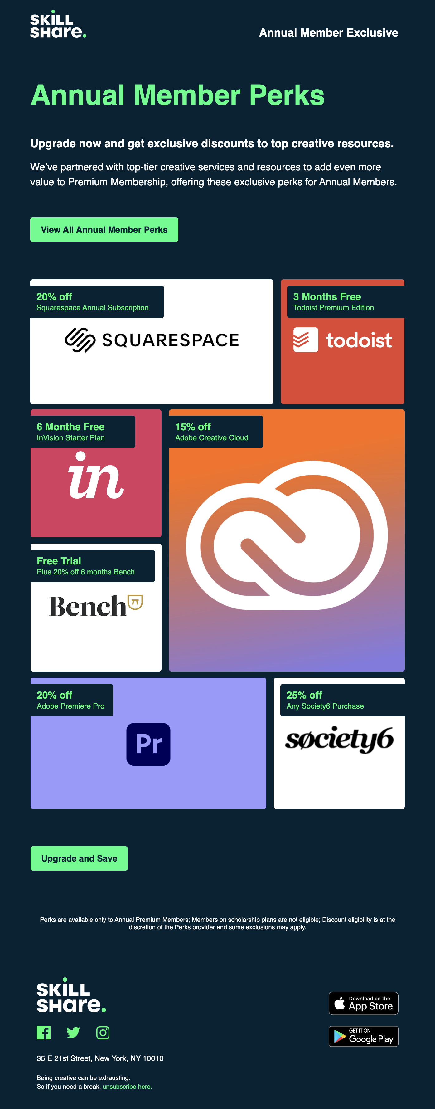 Switch from Monthly to Annual Billing Emails: Screenshot of Skillshare's email highlighting annual membership perks