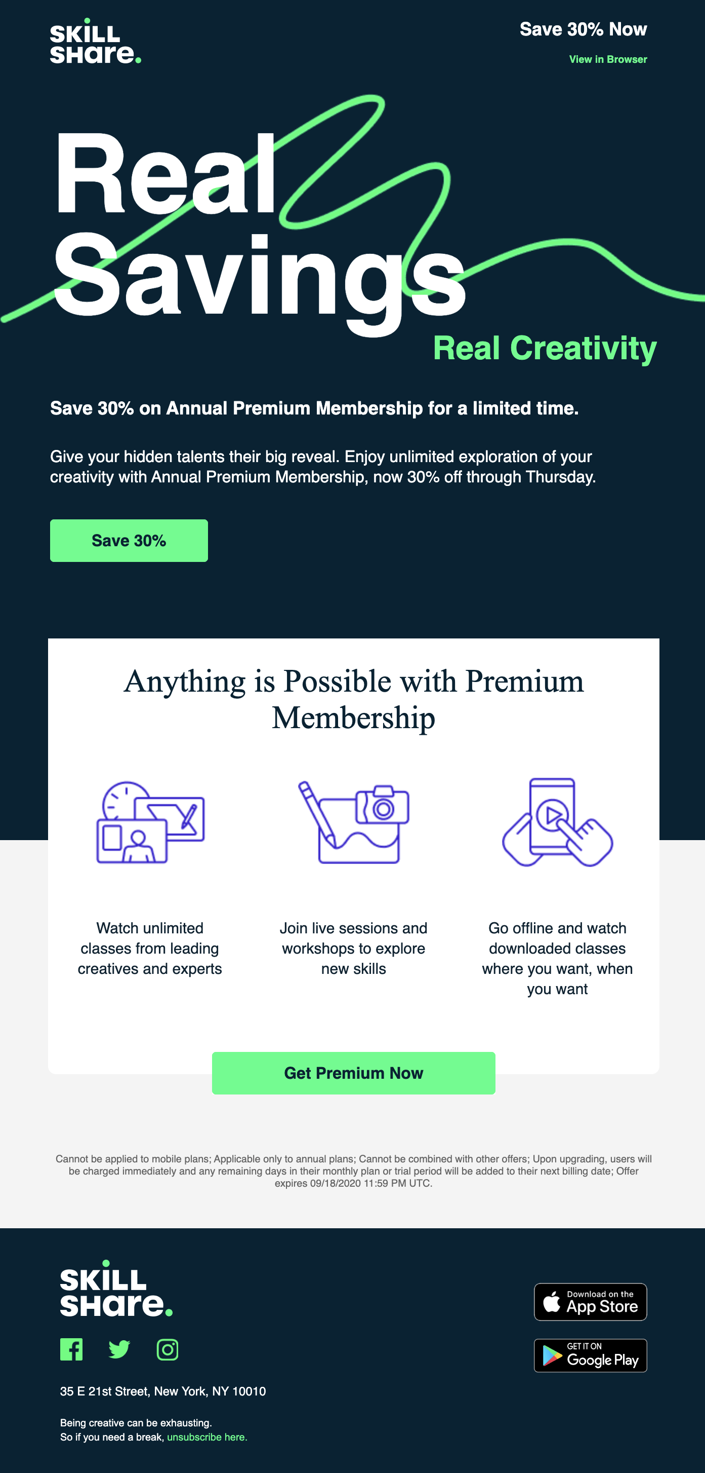 Switch from Monthly to Annual Billing Emails: Screenshot of Skillshare's email