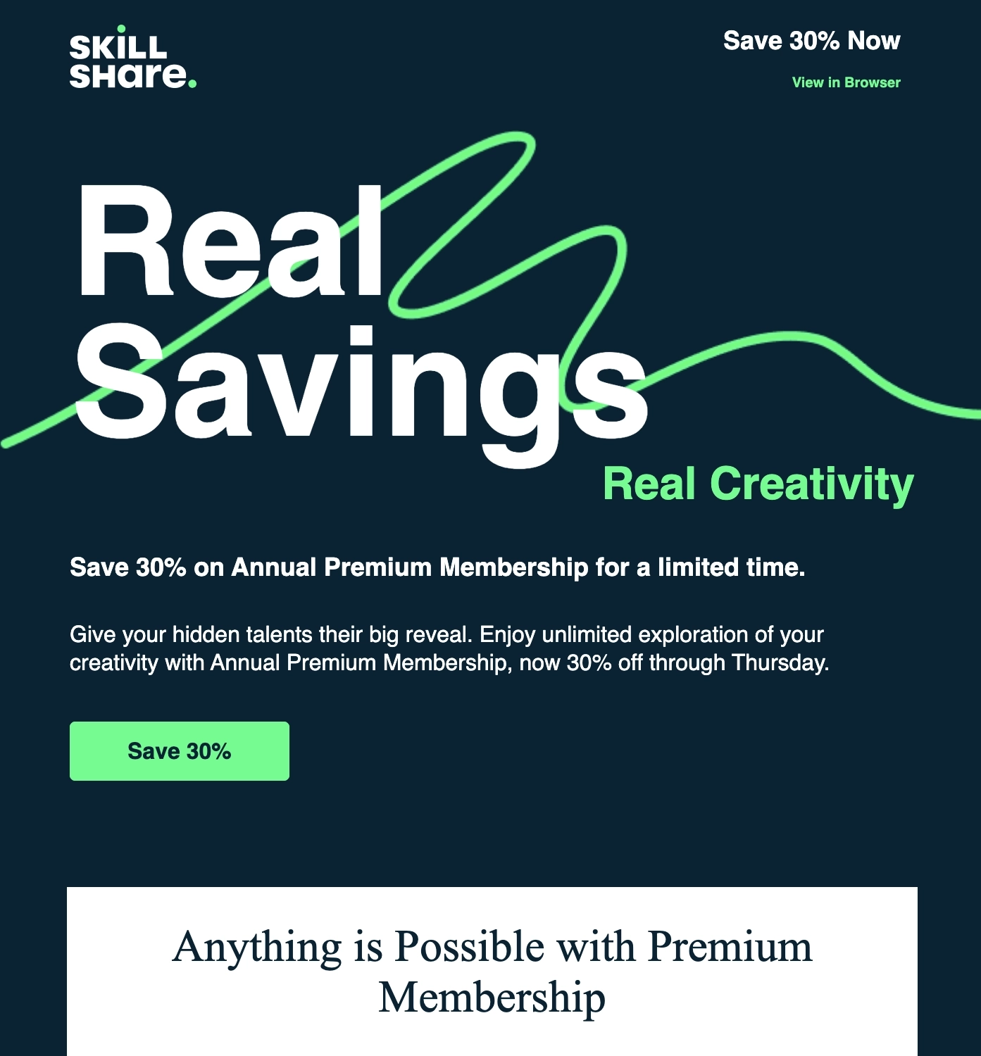 Switch from Monthly to Annual Billing Emails: Screenshot of Skillshare's email