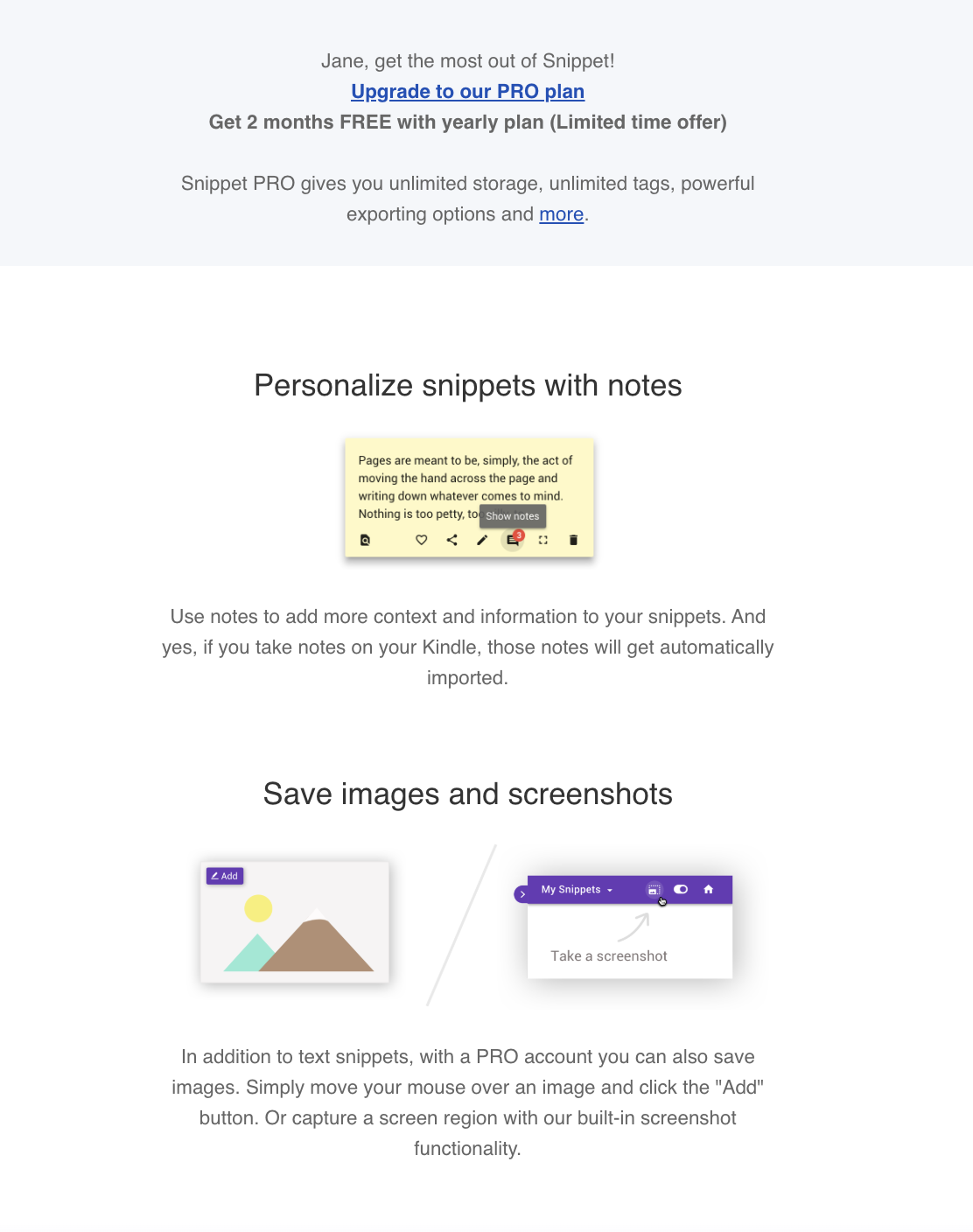 Switch from Monthly to Annual Billing Emails: Screenshot of Snippet's general upgrade email