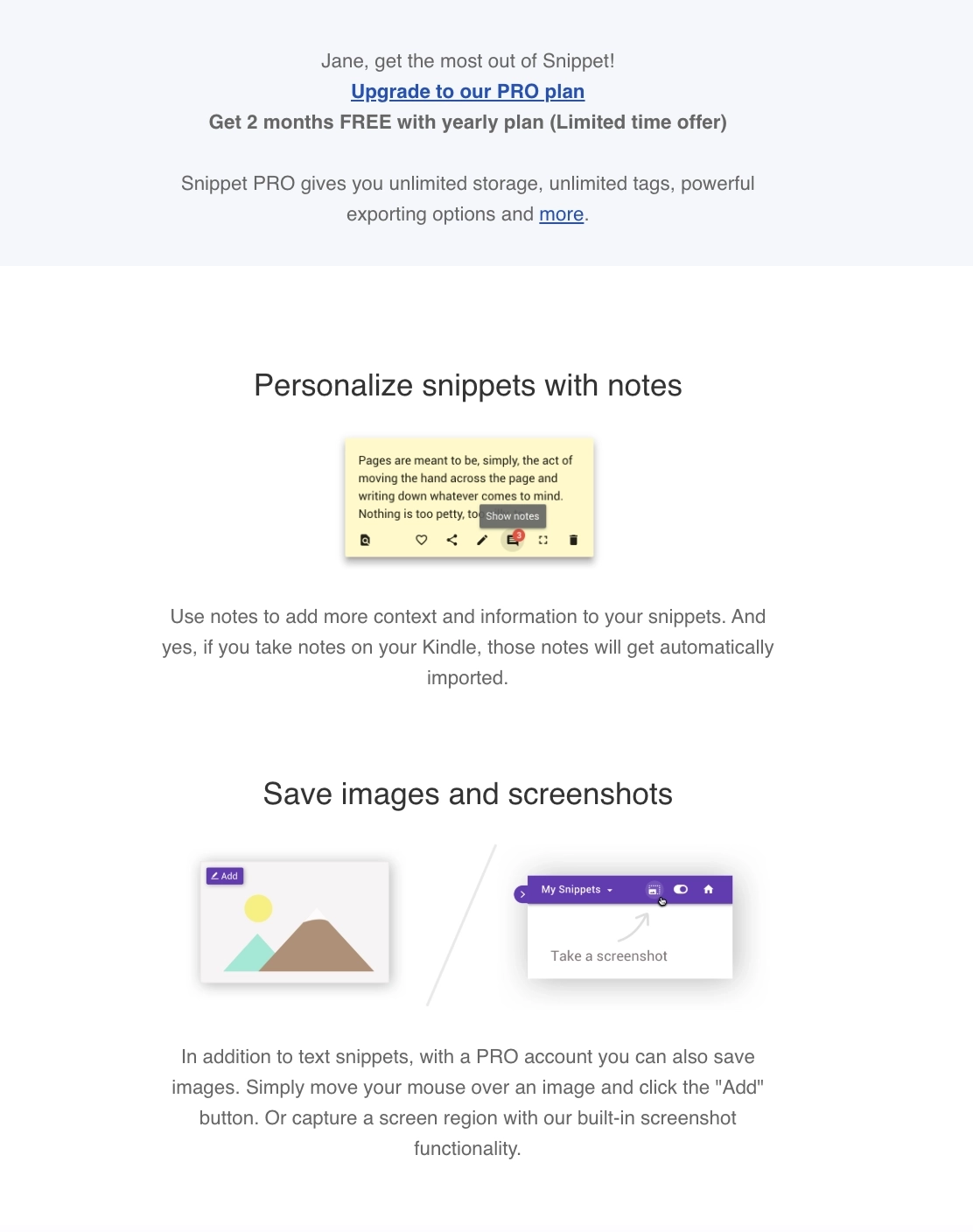 Switch from Monthly to Annual Billing Emails: Screenshot of Snippet's general upgrade email