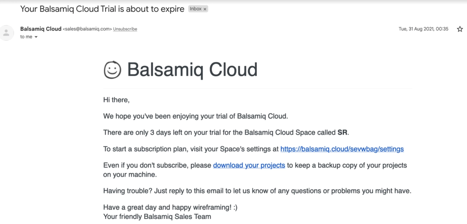 SaaS Trial Expiration Emails: Screenshot of trial expiration email from Balsamiq Cloud