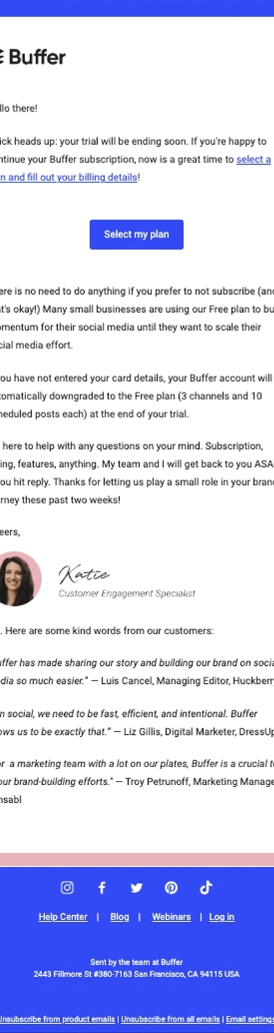 SaaS Trial Expiration Emails: Screenshot of trial expiration email from Buffer