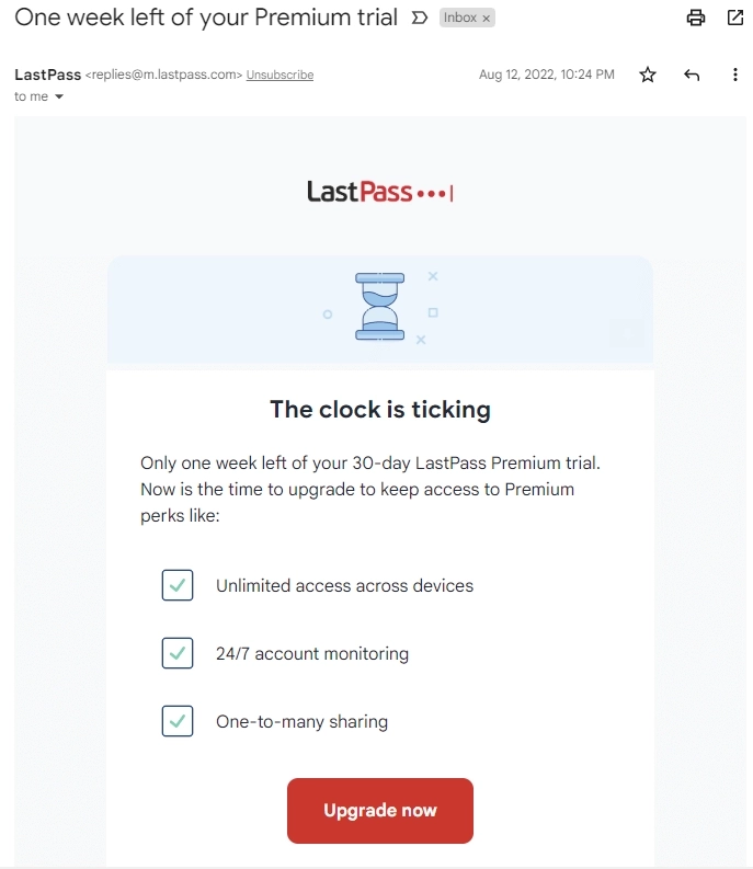 SaaS Trial Expiration Emails: Screenshot of trial expiration email from LastPass