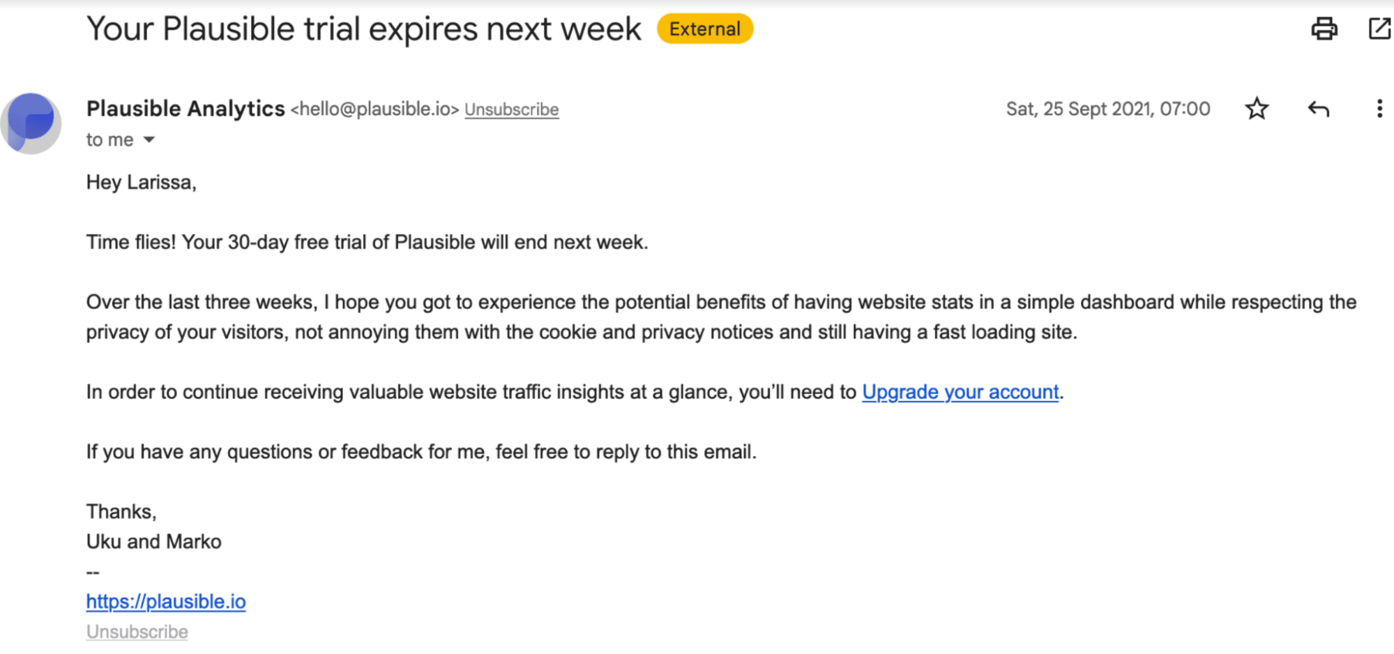 SaaS Trial Expiration Emails: Screenshot of trial expiration email from Plausible