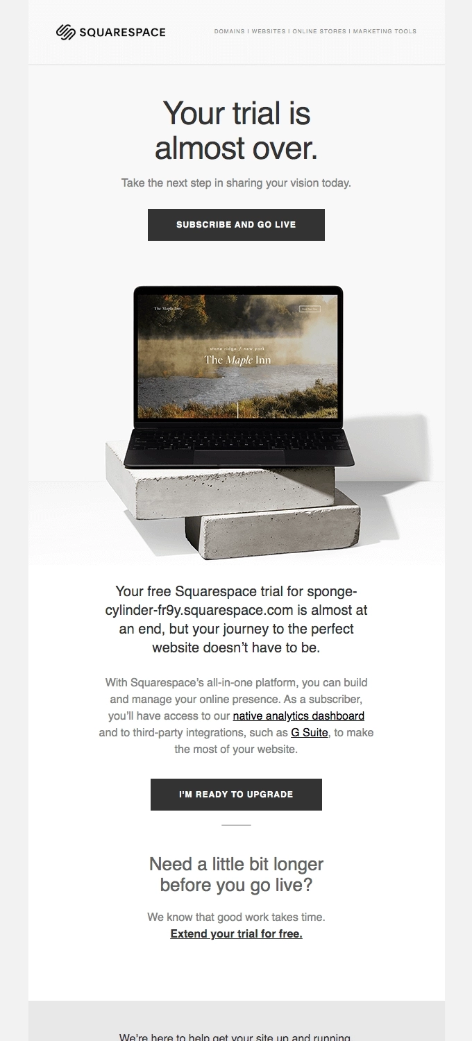 SaaS Trial Expiration Emails: Screenshot of trial expiration email from Squarespace