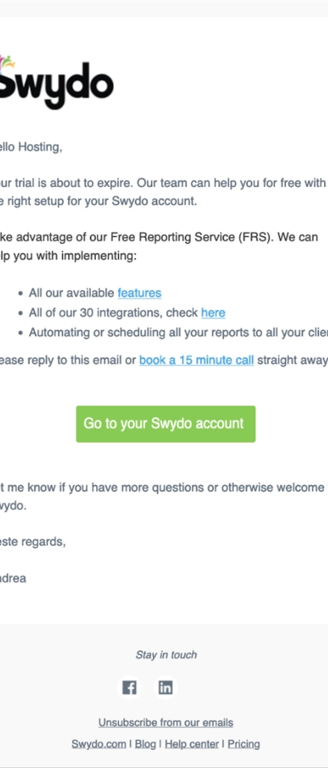 SaaS Trial Expiration Emails: Screenshot of trial expiration email from Swydo