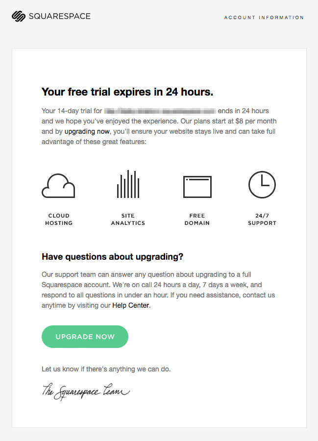 Trigger-Based Email Marketing: Screenshot of Sqaurespace email showing end of free trial notification
