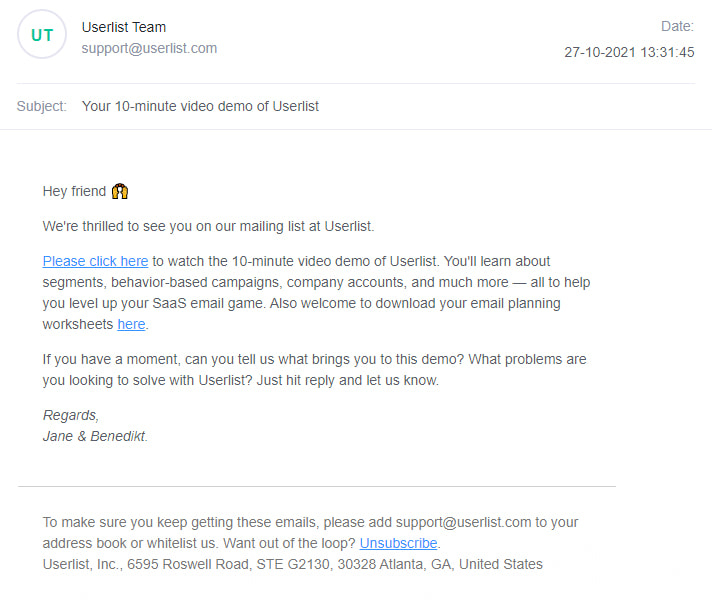 Trigger-Based Email Marketing: Screenshot of Userlist's welcome email