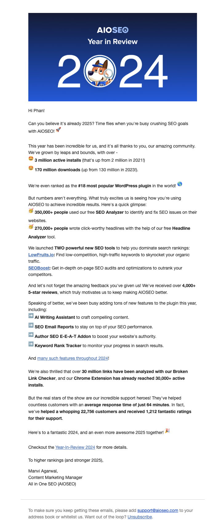 Year-in-review emails: Screenshot of AIOSEO's year-in-review email