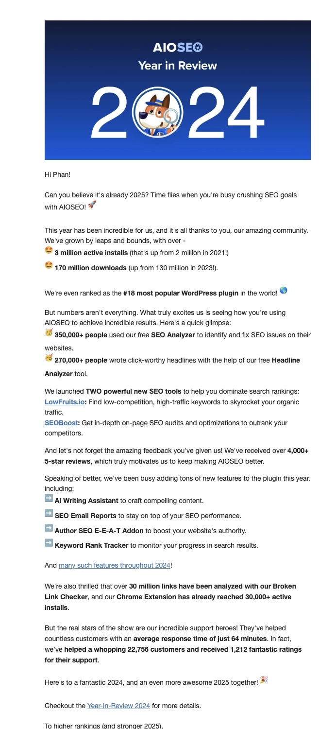 Year-in-review emails: Screenshot of AIOSEO's year-in-review email