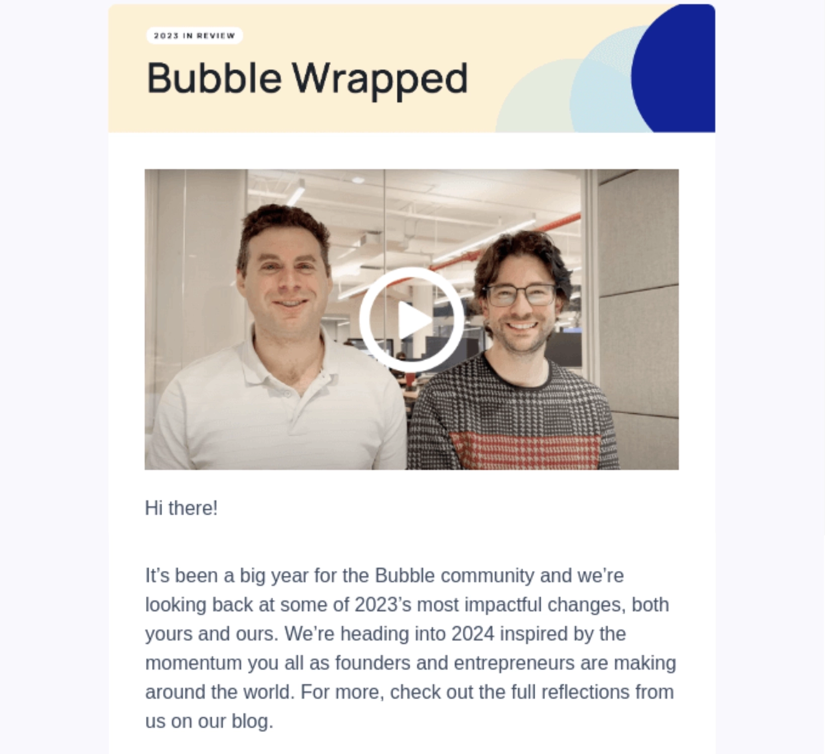 Year-in-review emails: Screenshot of Bubble's year-in-review email