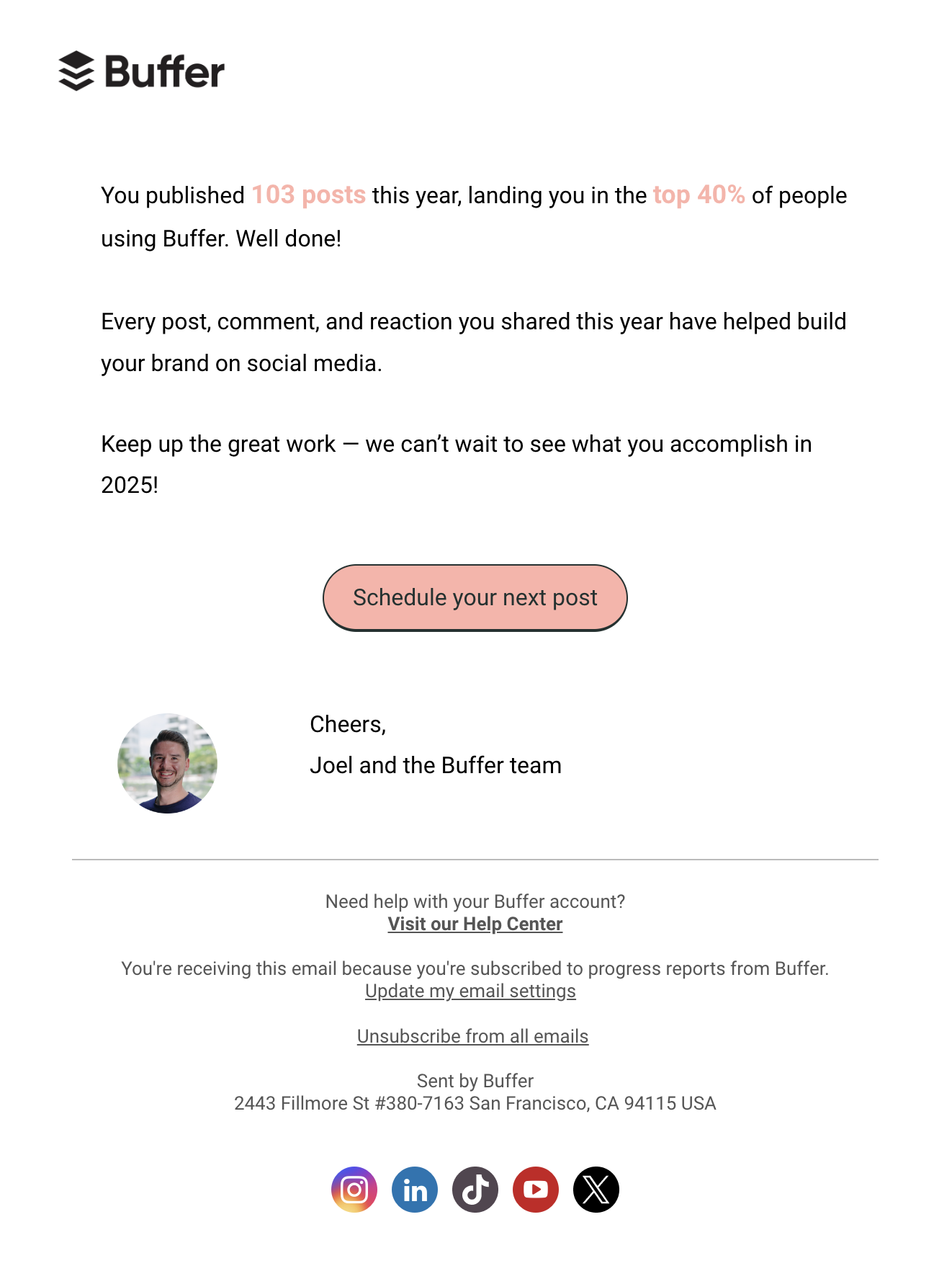 Year-in-review emails: Screenshot of Buffer's year-in-review email
