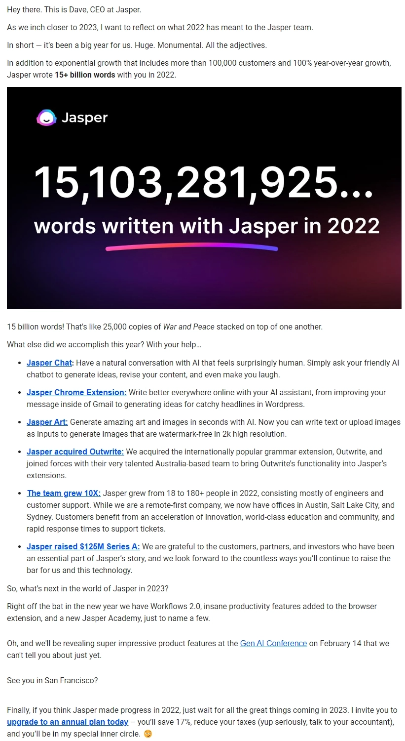 Year-in-review emails: Screenshot of Jasper's year-in-review email