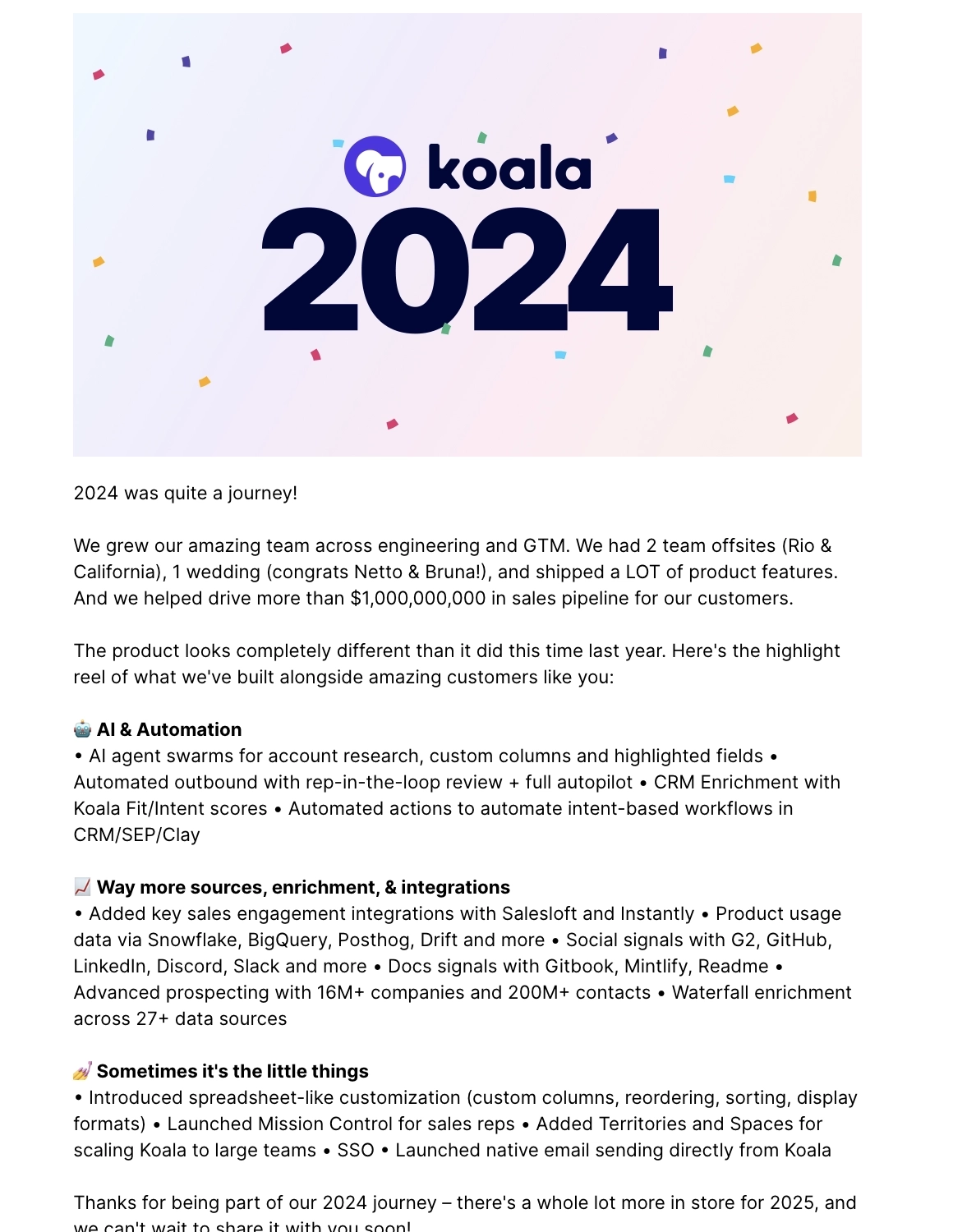 Year-in-review emails: Screenshot of Koala's year-in-review email