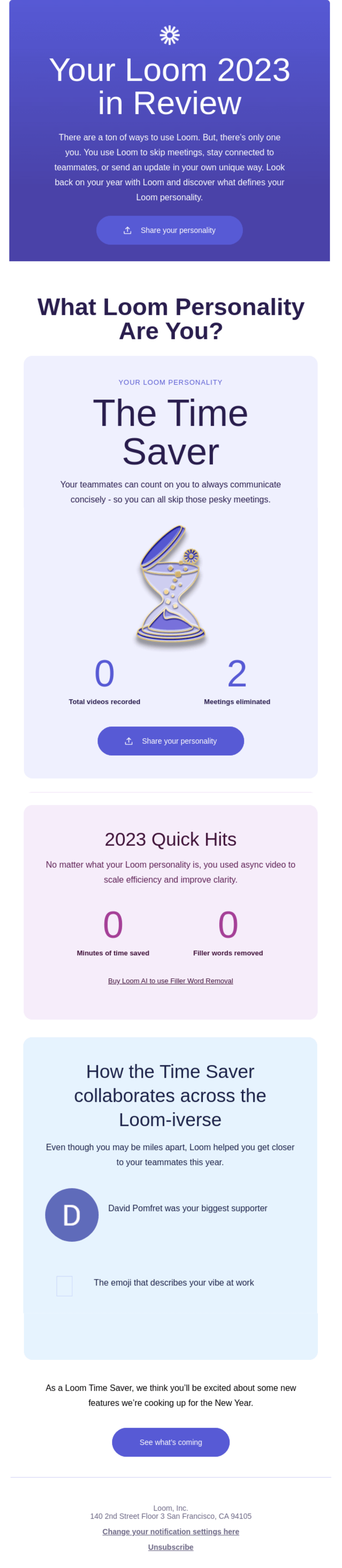 Year-in-review emails: Screenshot of Loom's year-in-review email