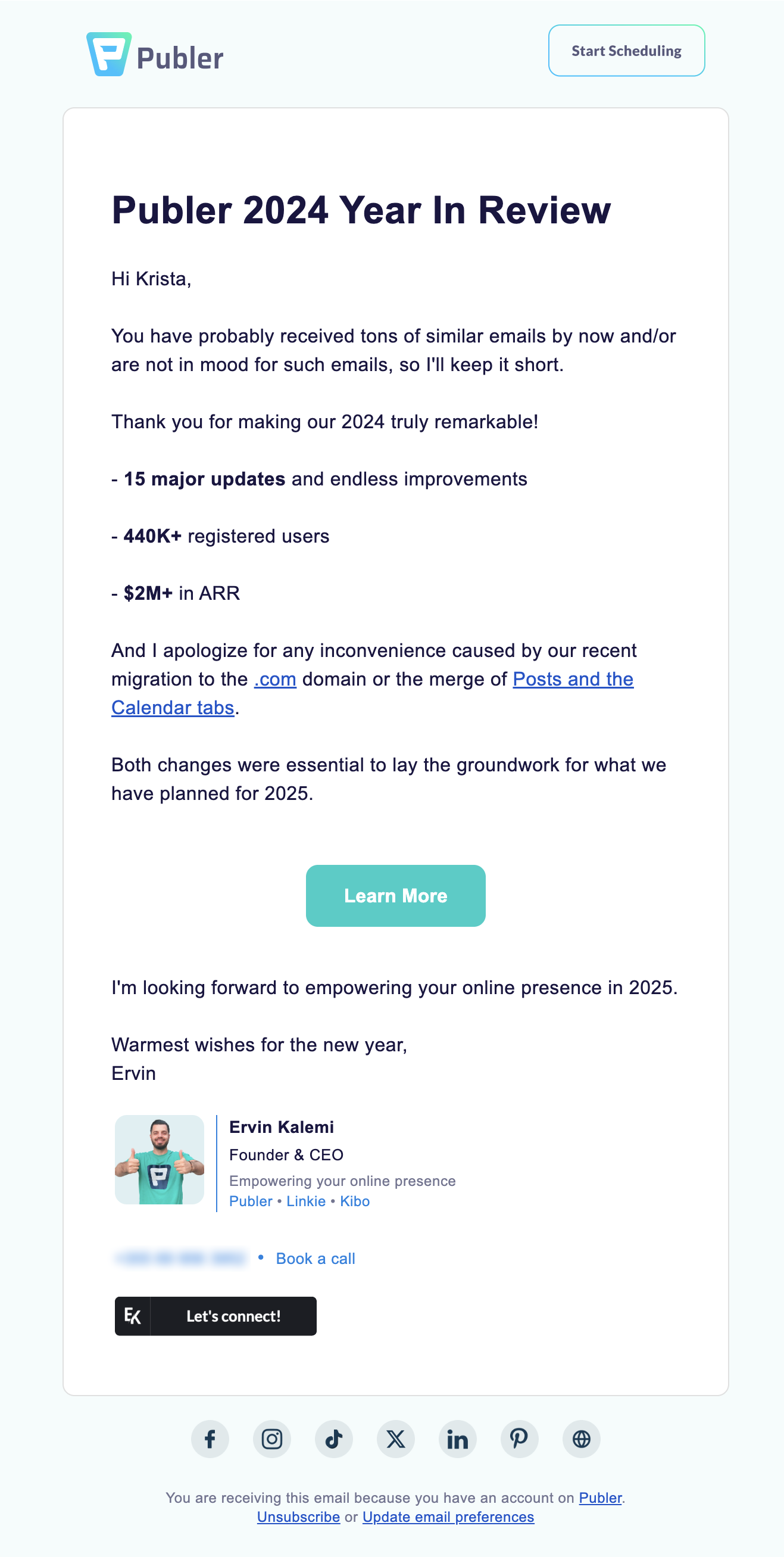 Year-in-review emails: Screenshot of Publer's year-in-review email