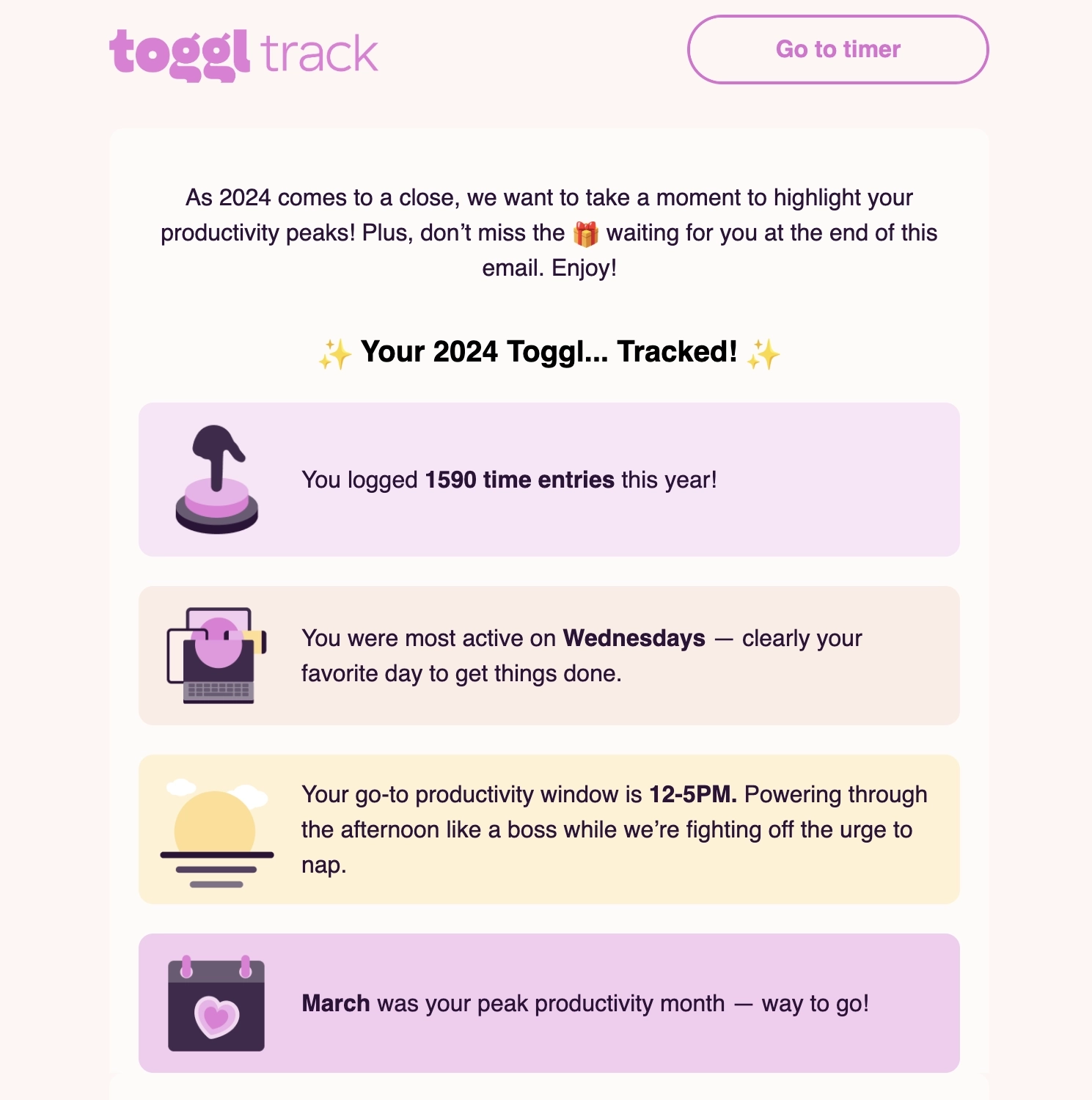 Year-in-review emails: Screenshot of Toggl's year-in-review email