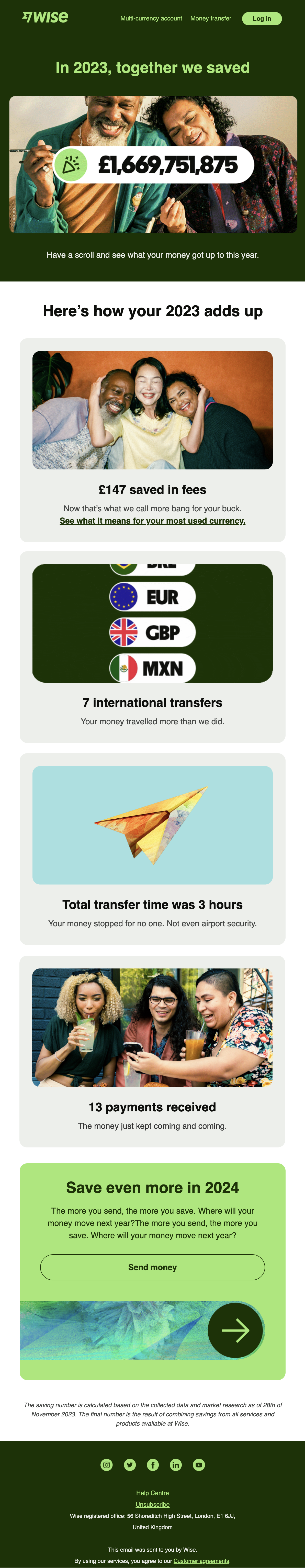 Year-in-review emails: Screenshot of Wise's year-in-review email about customer milestones