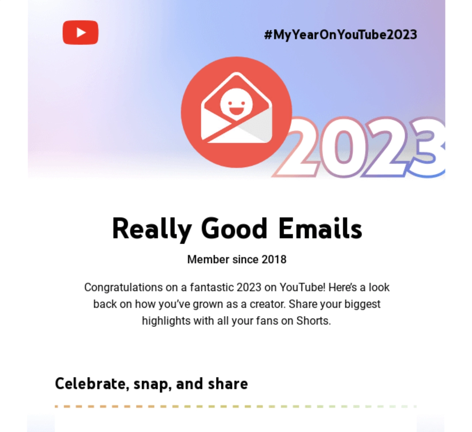 Year-in-review emails: Screenshot of YouTube's year-in-review email
