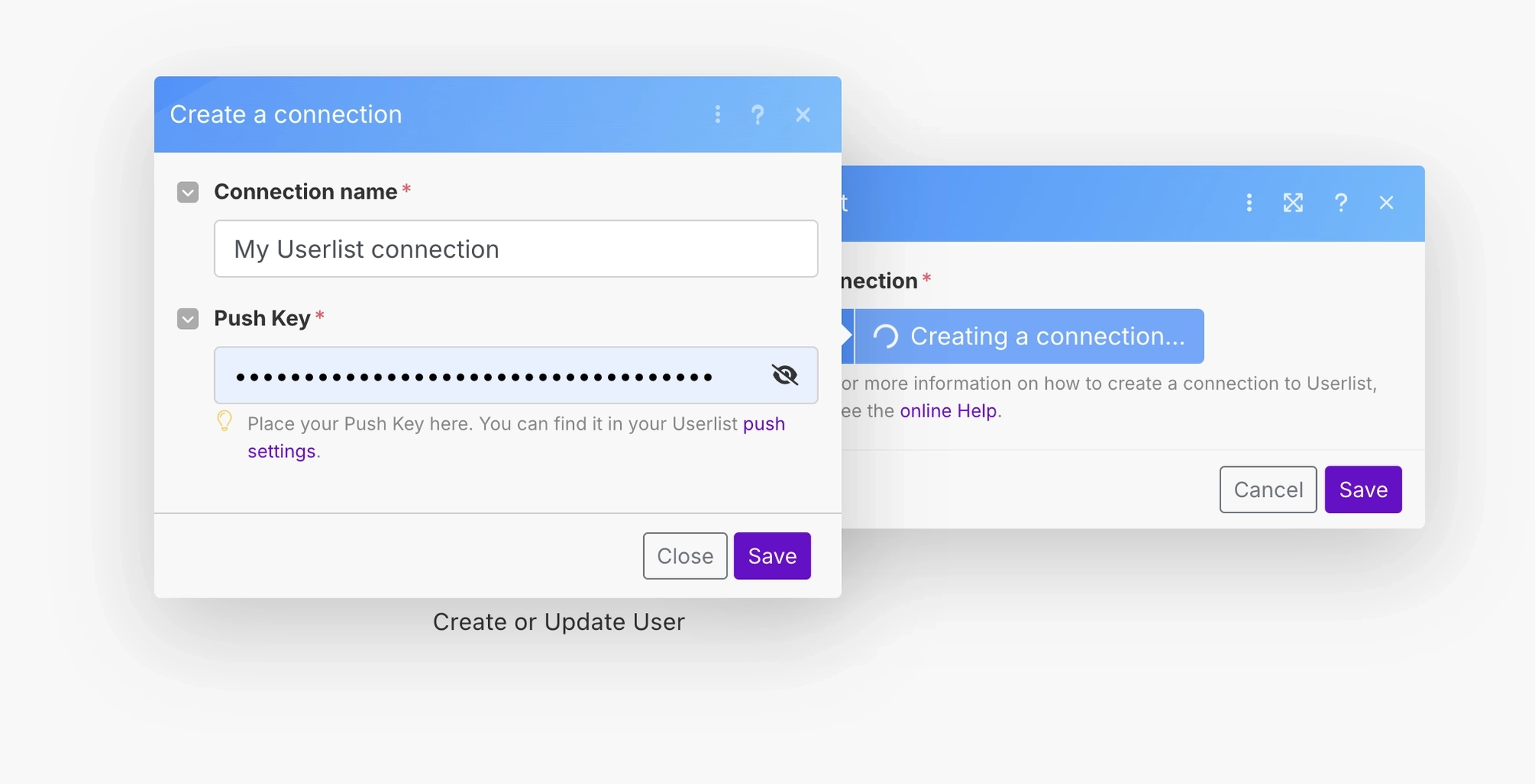 Illustration of Make create connection dialog