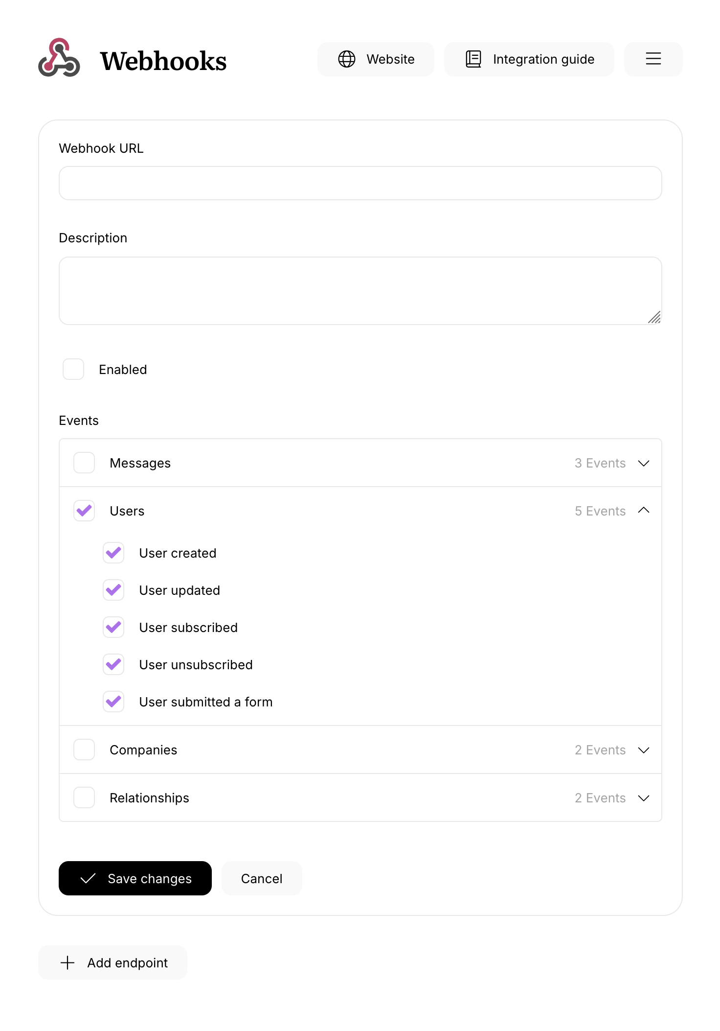 Illustration of Webhooks integration settings