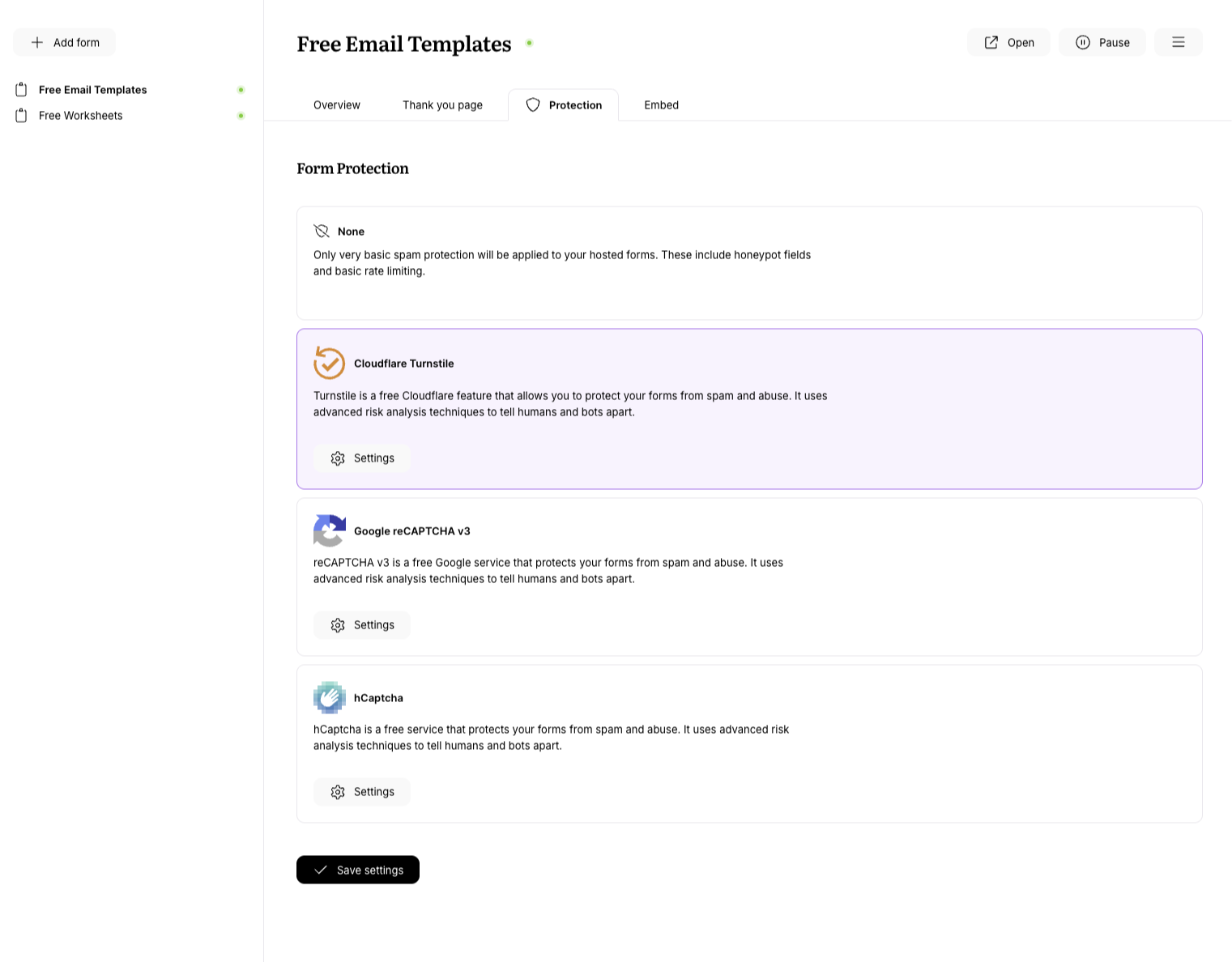 Screenshot showing the form protection settings for a form