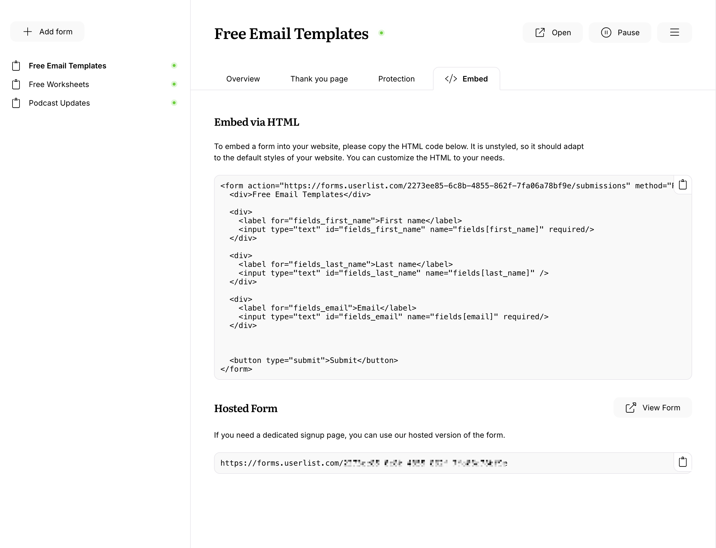 Screenshot showing a window with an embed code for the forms