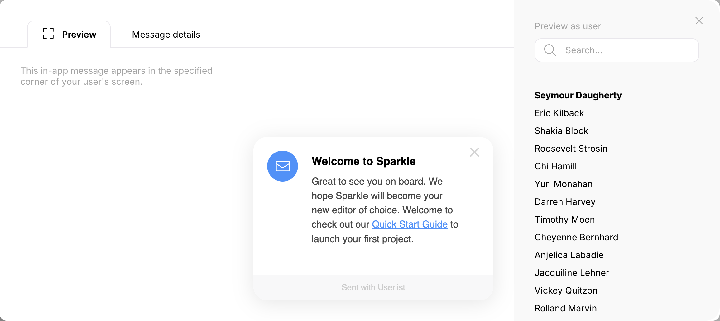 Screenshot of how to preview in-app messages on Userlist