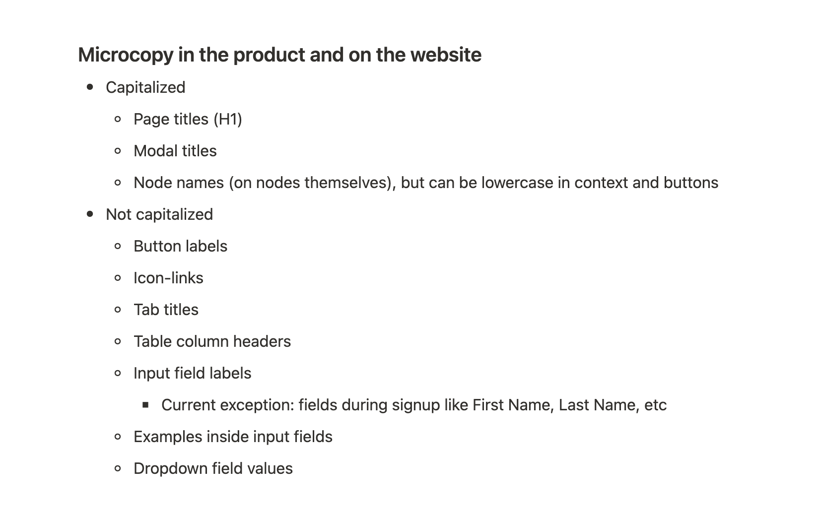 Userlist Redesign: Screenshot of documentation showing capitalization rules on micrcocopies