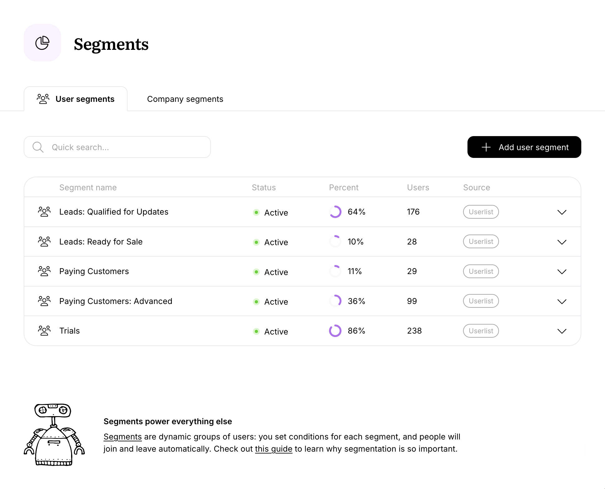 Screenshot showing segments on Userlist