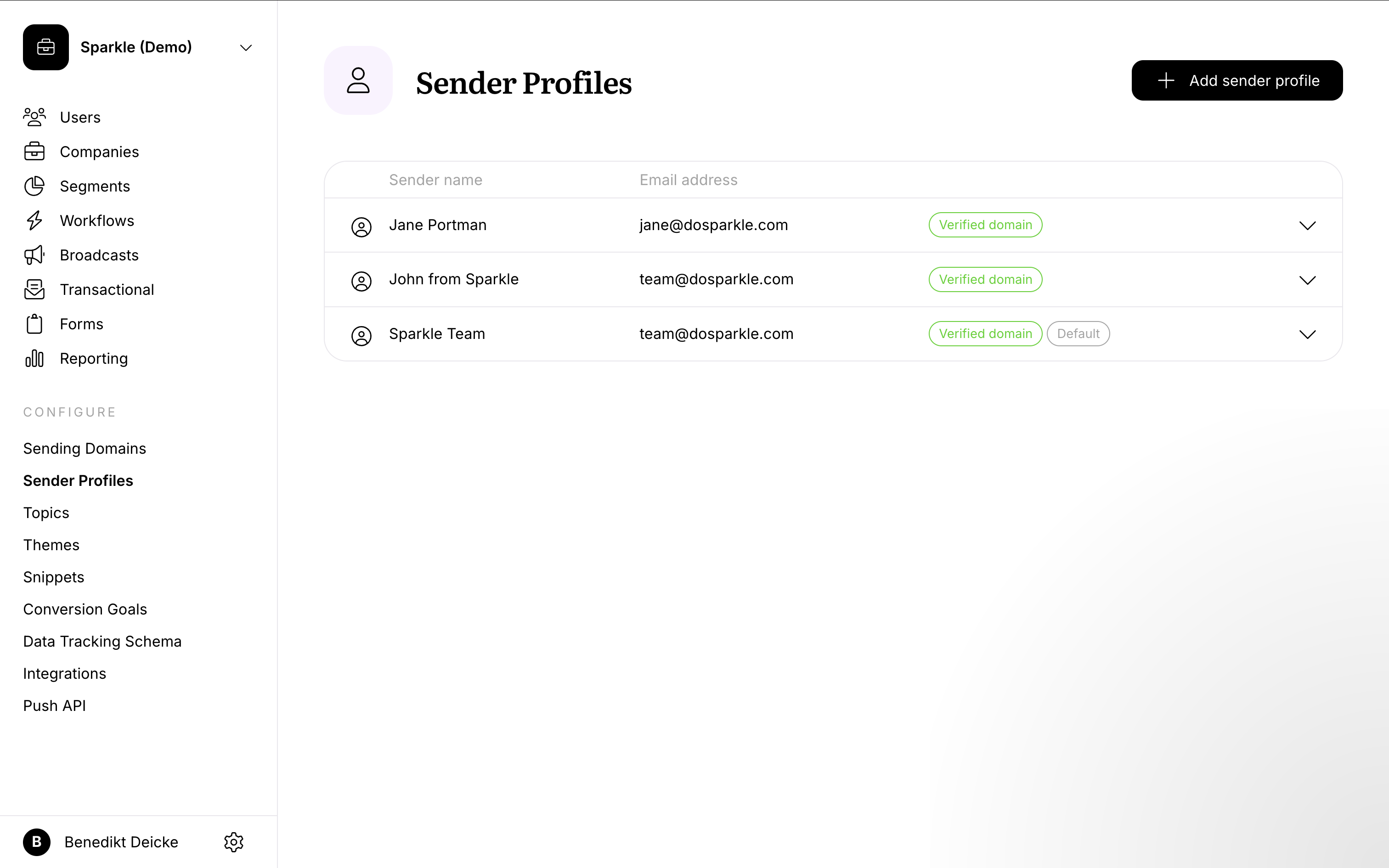 Screenshot of sender profiles page on Userlist