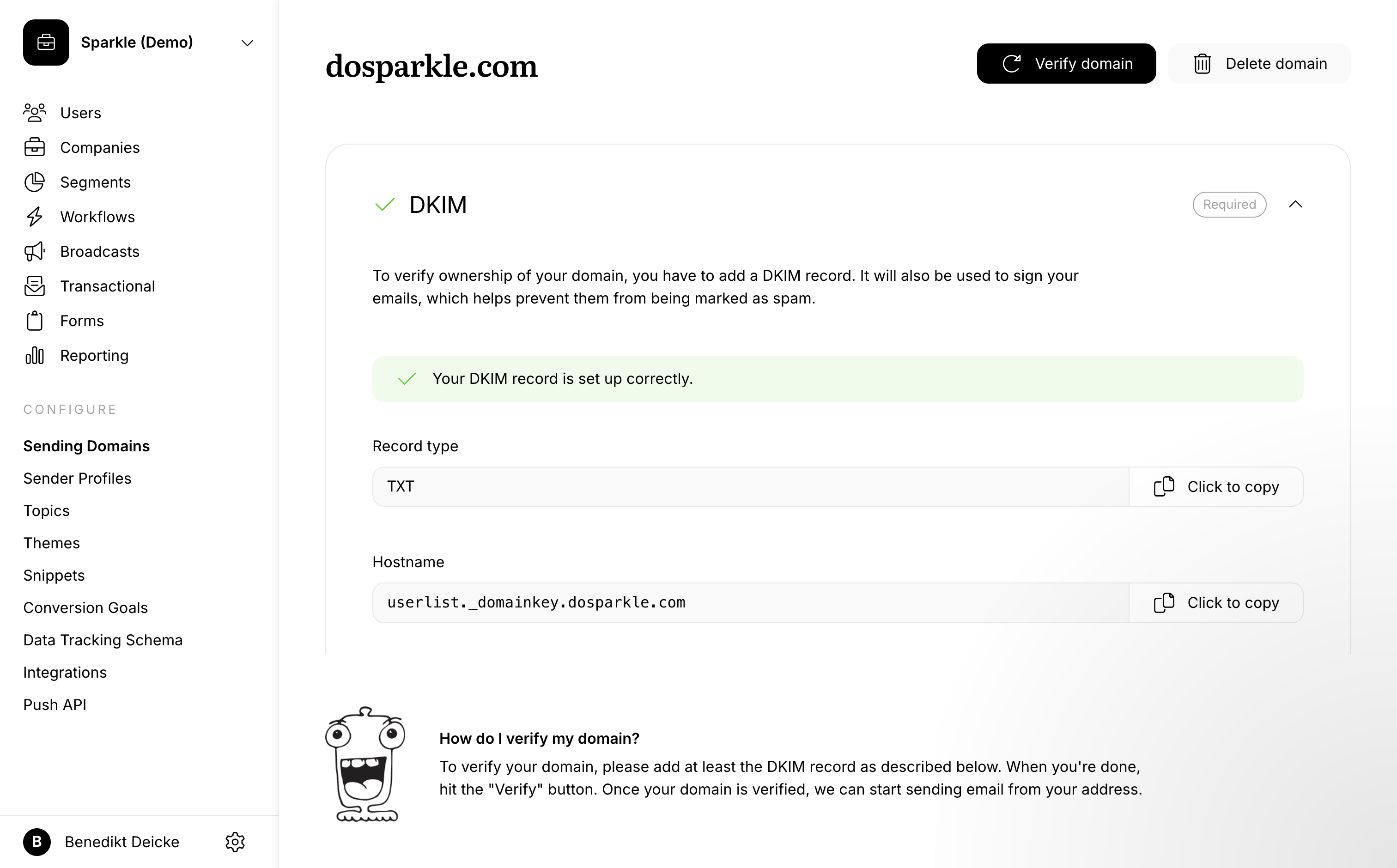 Screenshot of how to set up your sending domain on Userlist
