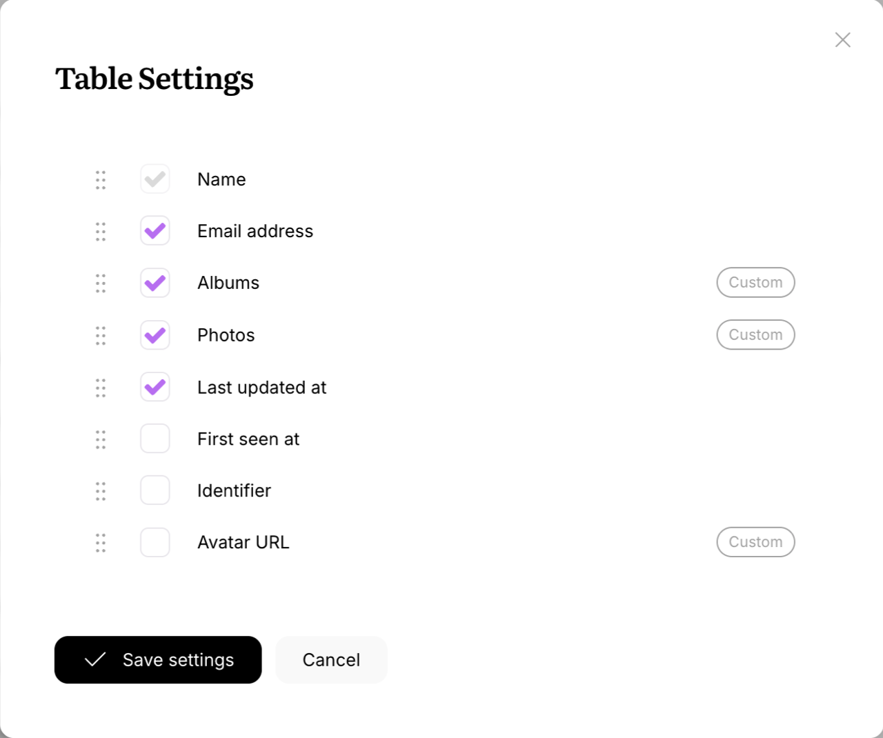 Screenshot showing Userlist's table settings