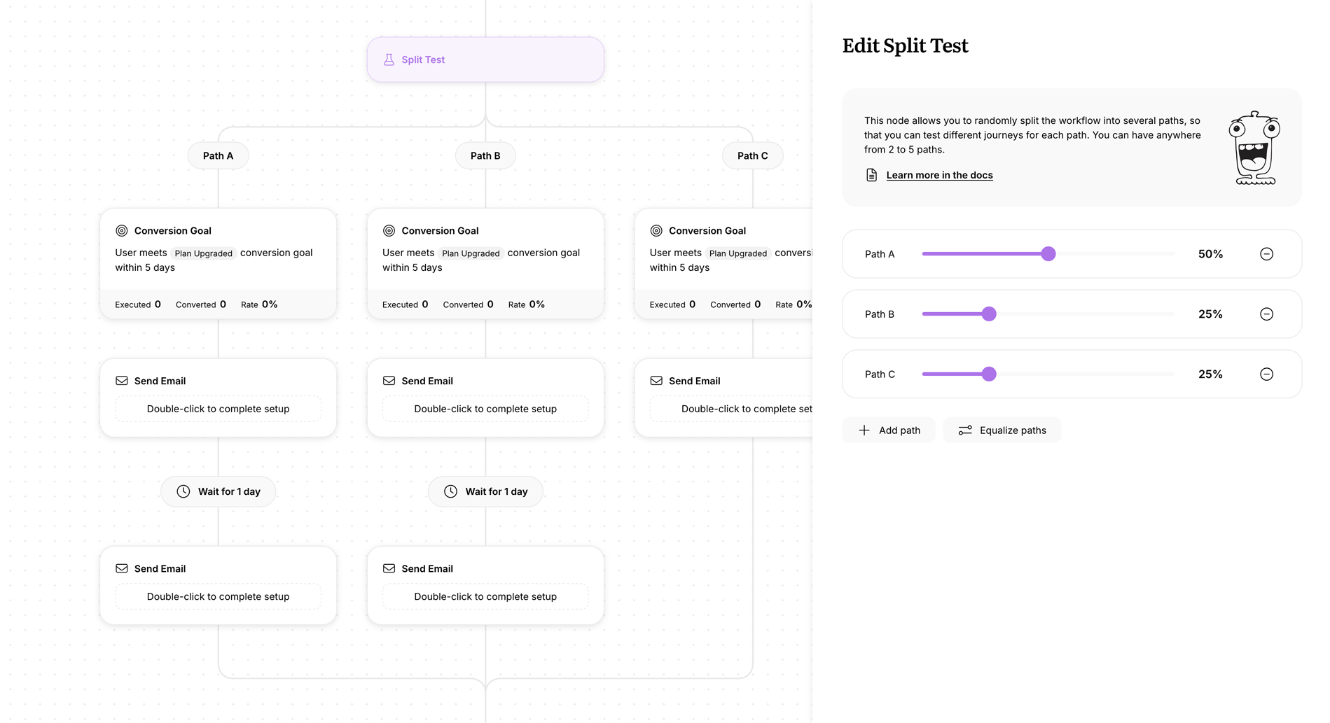 Editing a split test node in Userlist workflows